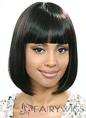 Wig Online Short Straight Black Full Bang African American Wigs for Women 12 Inch