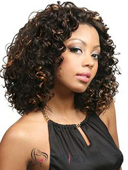 New Glamourous Medium Curly Sepia No Bang African American Lace Wigs for Women 14 Inch