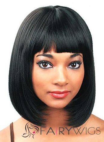 Perfect Short Straight Black Full Bang African American Wigs for Women 12 Inch