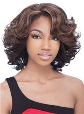 Natural Medium Wavy Brown Side Bang African American Lace Wigs for Women 14 Inch