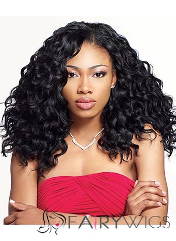 Grand Medium Curly Black No Bang African American Lace Wigs for Women 18 Inch