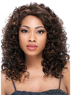 Newest Medium Curly Brown No Bang African American Lace Wigs for Women 16 Inch