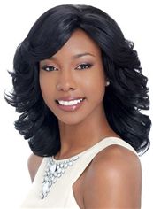 Noble Medium Wavy Black Side Bang African American Lace Wigs for Women 14 Inch