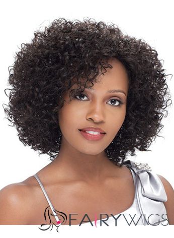 New Impressive Short Curly Brown Side Bang African American Lace Wigs for Women 12 Inch