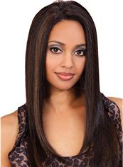 Glitter Long Straight Brown No Bang African American Lace Wigs for Women 20 Inch