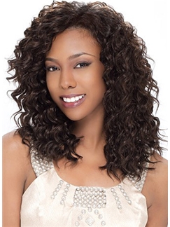 Elegant Medium Curly Brown No Bang African American Lace Wigs for Women 16 Inch