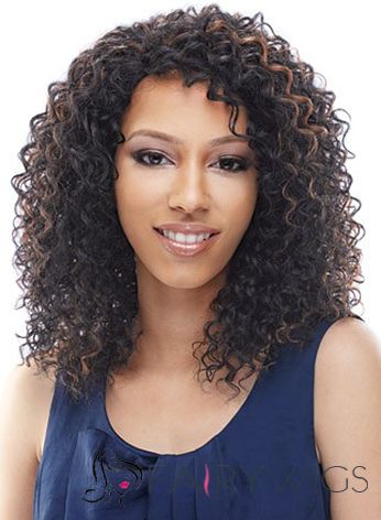 Prevailing Medium Curly Brown No Bang African American Lace Wigs for Women 16 Inch