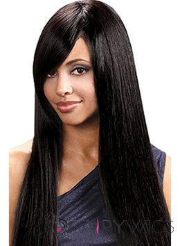 Brazil Long Straight Black Side Bang African American Wigs For