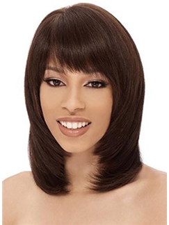Glamorous Medium Straight Brown Full Bang African American Wigs for Women 14 Inch