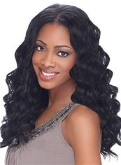 Glitter Medium Wavy Black No Bang African American Lace Wigs for Women 18 Inch