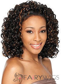 Adjustable Medium Curly Brown No Bang African American Lace Wigs for Women 14 Inch