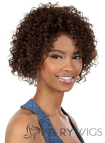 Trendy Short Curly Brown No Bang African American Lace Wigs for Women 12 Inch