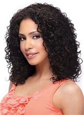 Cheap Medium Curly Black No Bang African American Lace Wigs for Women 16 Inch
