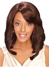 Faddish Medium Wavy Brown Side Bang African American Lace Wigs for Women 16 Inch