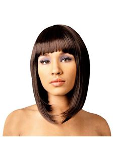 Delicate Medium Straight Brown Full Bang African American Wigs for Women 16 Inch