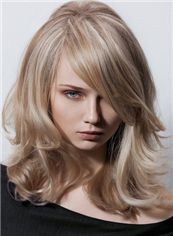 European Style Medium Blonde Female Wavy  Wigs 16 Inch 