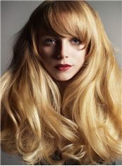 Human Hair Blonde Medium Wigs 18 Inch Capless Wavy
