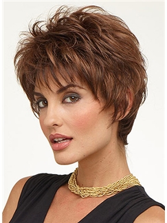 Delicate Short Wavy Brown 8 Inch Indian Remy Hair Wigs
