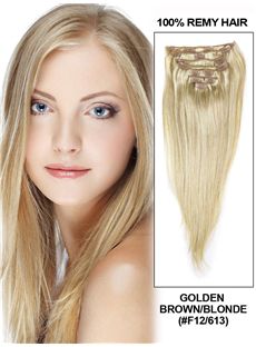 12'-30' 7 Piece Silky Straight Clip In Indian Remy Human Hair Extension - Golden Brown/Blonde