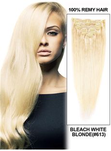 12'-30' 7 Piece Silky Straight Clip In Indian Remy Human Hair Extension - Bleach White Blonde