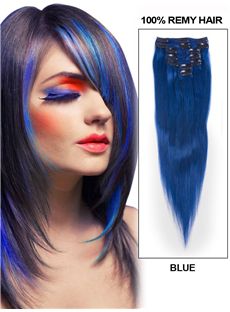 12'-30' 7 Piece Silky Straight Clip In Indian Remy Human Hair Extension - Blue