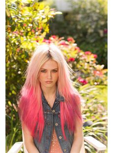 24 Inch Straight Blonde to Pink Human Hair Ombre Wigs
