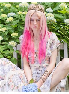 24 Inch Straight Blonde to Pink Human Hair Ombre Wigs