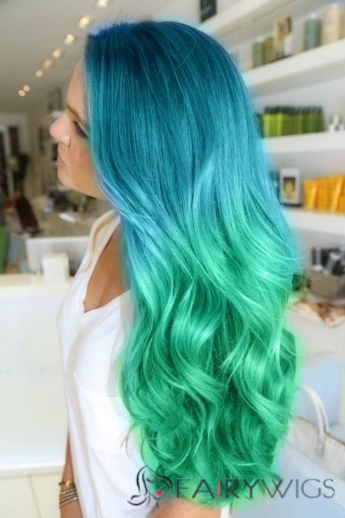 26 Inch Wavy Blue to Green Human Hair Ombre Wigs