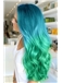 26 Inch Wavy Blue to Green Human Hair Ombre Wigs