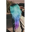26 Inch Wavy Green to Purple Human Hair Ombre Wigs