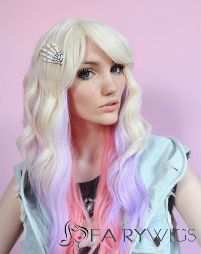 28 Inch Wavy Lace Front Pink Top Quality High Heated Fiber Ombre Wigs