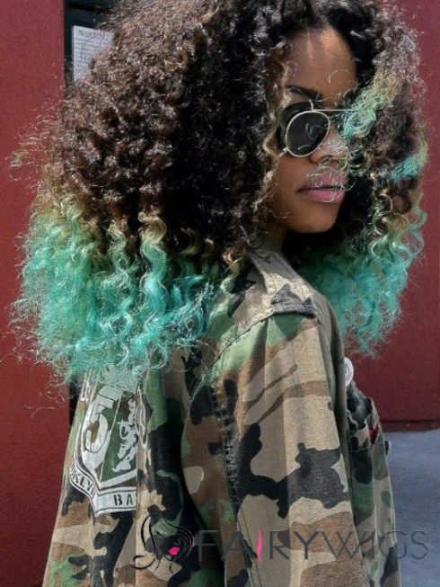 16 Inch Curly Lace Front Green Indian Remy Hair Ombre Wigs