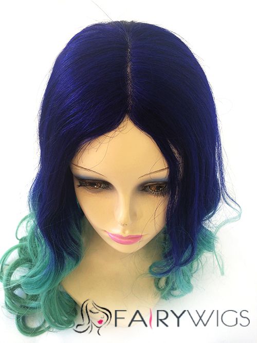 26 Inches Wavy Purple to Green Human Hair Ombre Wigs
