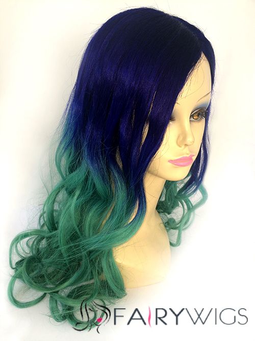 26 Inches Wavy Purple to Green Human Hair Ombre Wigs