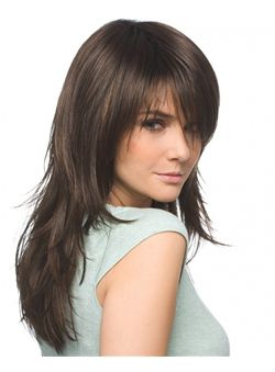 (Fast Shipping) Classic Long Straight Brown Indian Remy Hair Wigs 20 Inch