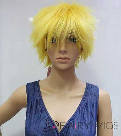 10 Inch Capless Straight Yellow Synthetic Hair Costume Wigs