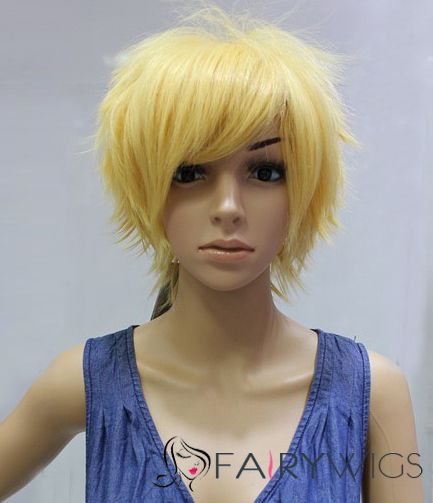 Cheap 10 Inch Capless Straight Yellow Synthetic Hair Costume Wigs