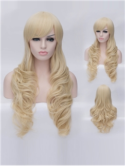 Romantic Light Blonde Long wavy Side Bang Synthetic Wig