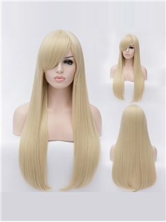 Dynamic Feeling from Long Blonde Female Straight Side Bang Hairstyle 30 Inch