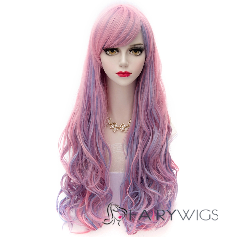 Hot Long Wave Pink Mixed with Blue Cosplay Wigs
