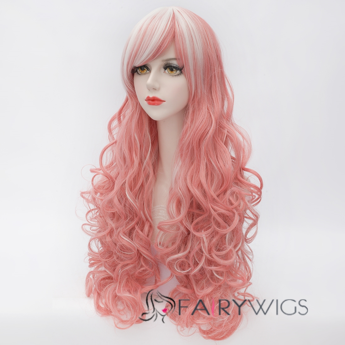 New Arrival Long Curly Pink with White Mixed Cosplay Wig